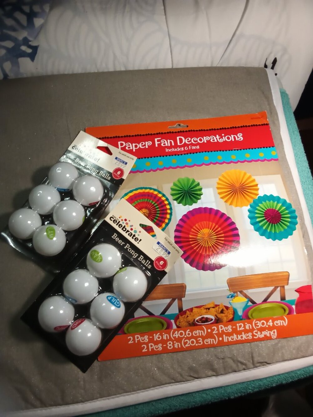 White Beer Pong Balls & Multicolor Paper Fan Decorations Party Set